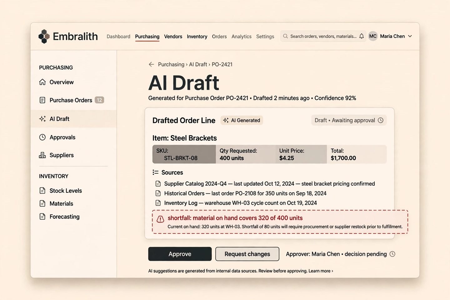 Concept screenshot of the fictional Embralith AI draft review interface