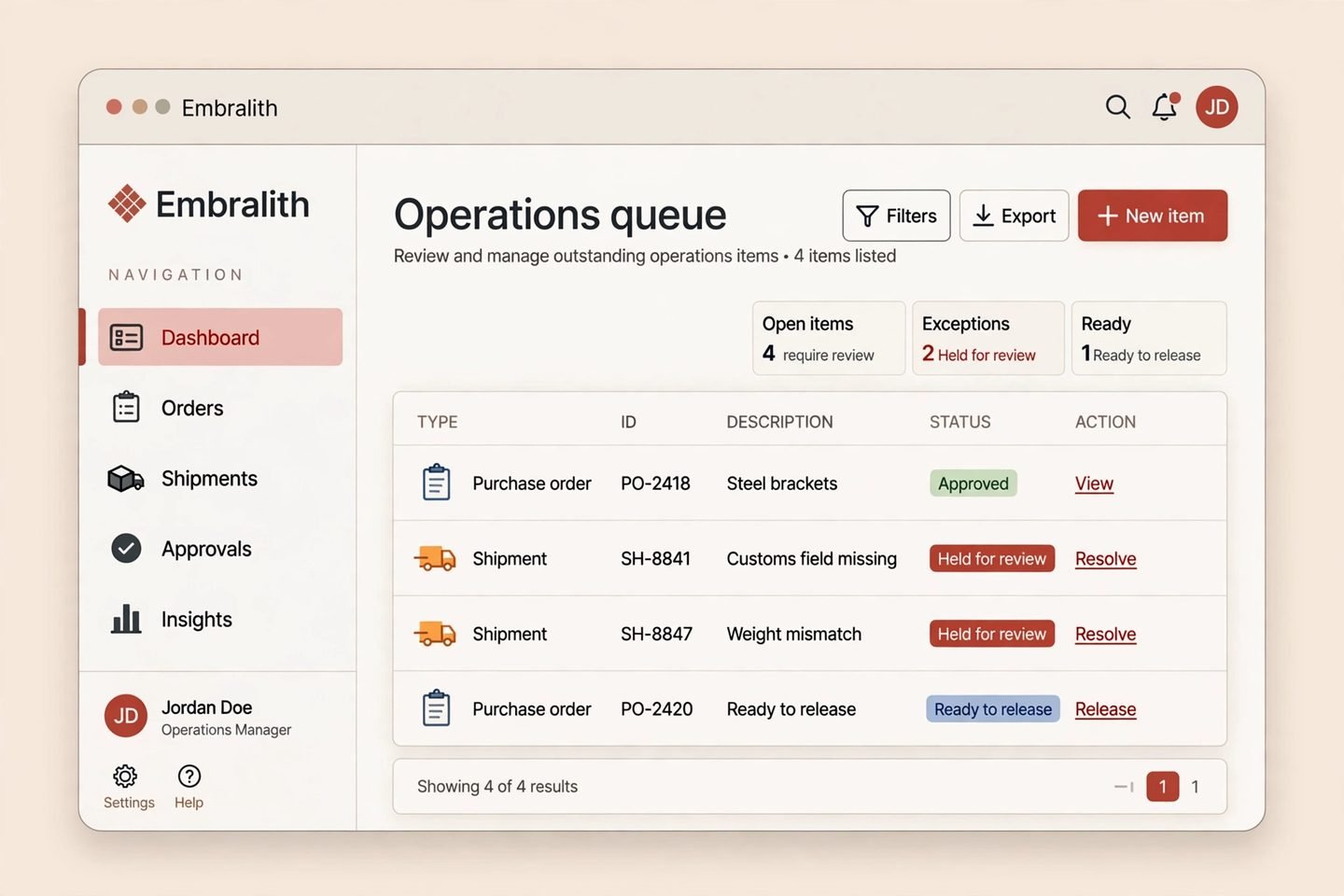 Embralith concept demo dashboard screen showing enterprise operations work items