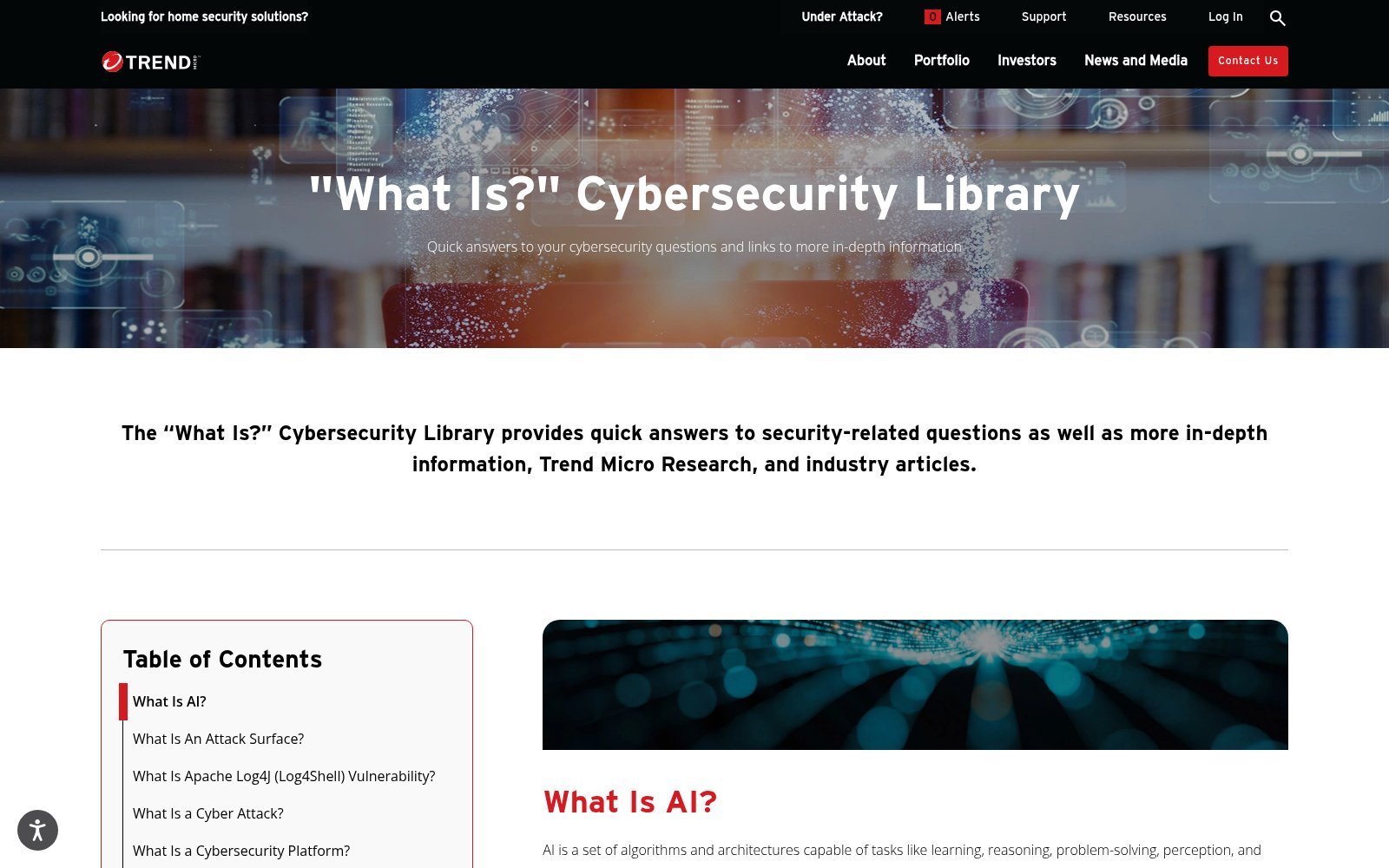 Trend Micro What Is answer library page showing answer-first entries on trendmicro.com